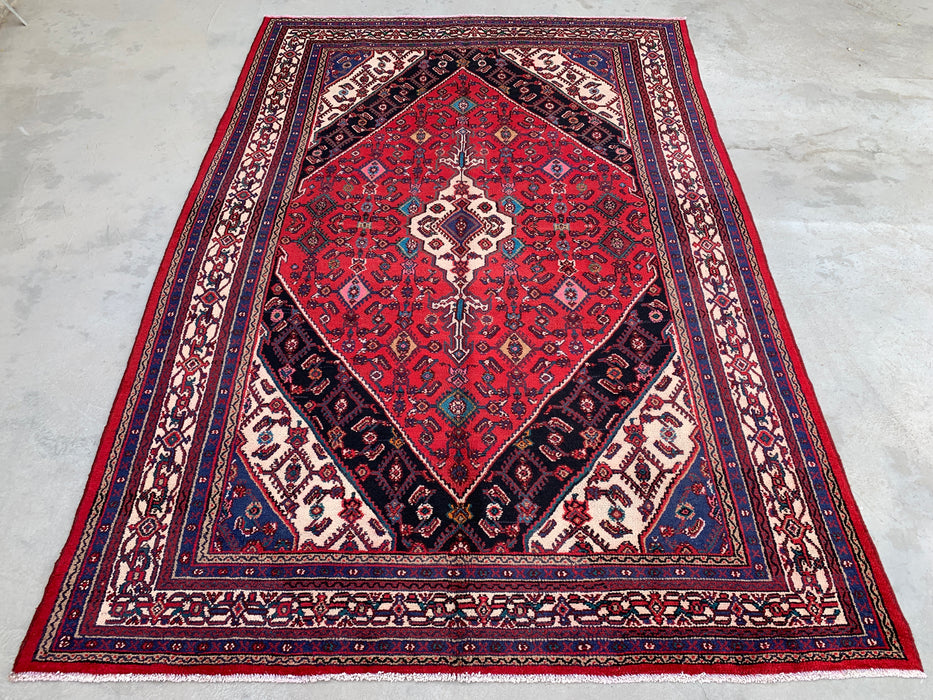 10'1" x 7'0" Hand-Knotted Persian Wool Rug – Red, Ivory & Navy Tribal Medallion Design – KBHM-769