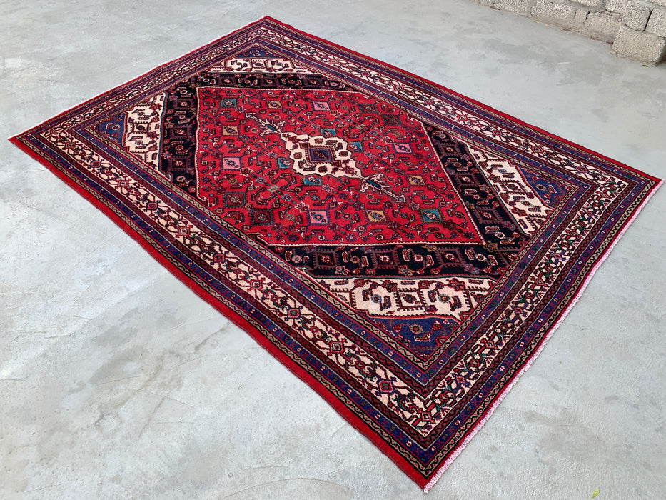10'1" x 7'0" Hand-Knotted Persian Wool Rug – Red, Ivory & Navy Tribal Medallion Design – KBHM-769