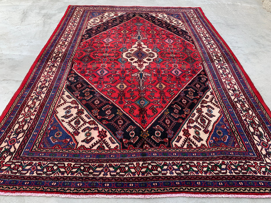 10'1" x 7'0" Hand-Knotted Persian Wool Rug – Red, Ivory & Navy Tribal Medallion Design – KBHM-769