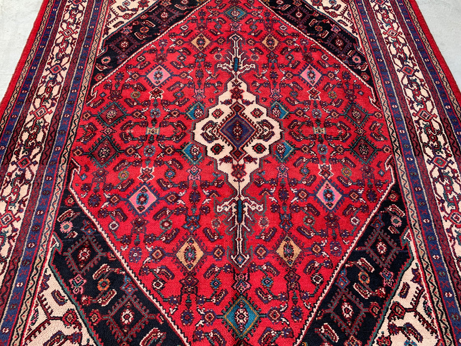 10'1" x 7'0" Hand-Knotted Persian Wool Rug – Red, Ivory & Navy Tribal Medallion Design – KBHM-769