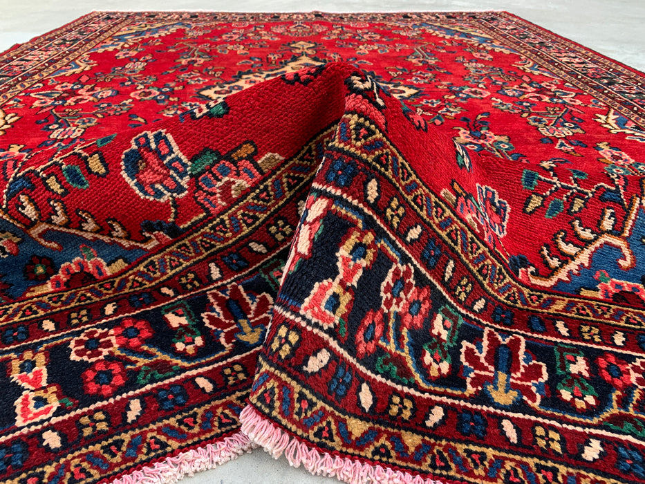 9'7" x 7'3" Hand-Knotted Persian Wool Rug – Red, Blue & Ivory Floral Medallion Design – KBHM-770