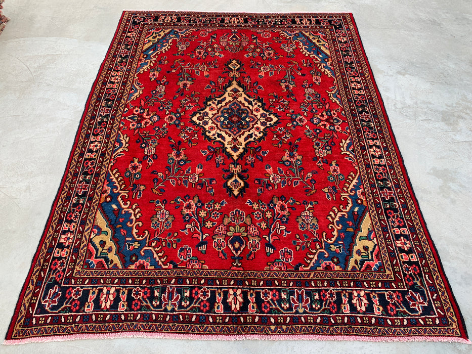 9'7" x 7'3" Hand-Knotted Persian Wool Rug – Red, Blue & Ivory Floral Medallion Design – KBHM-770