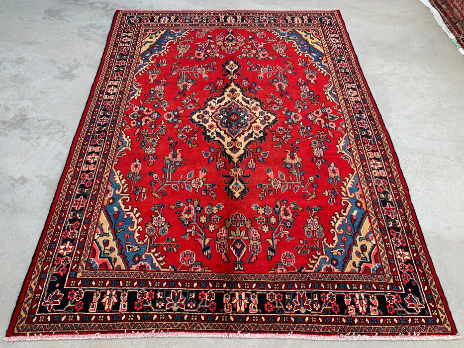 9'7" x 7'3" Hand-Knotted Persian Wool Rug – Red, Blue & Ivory Floral Medallion Design – KBHM-770