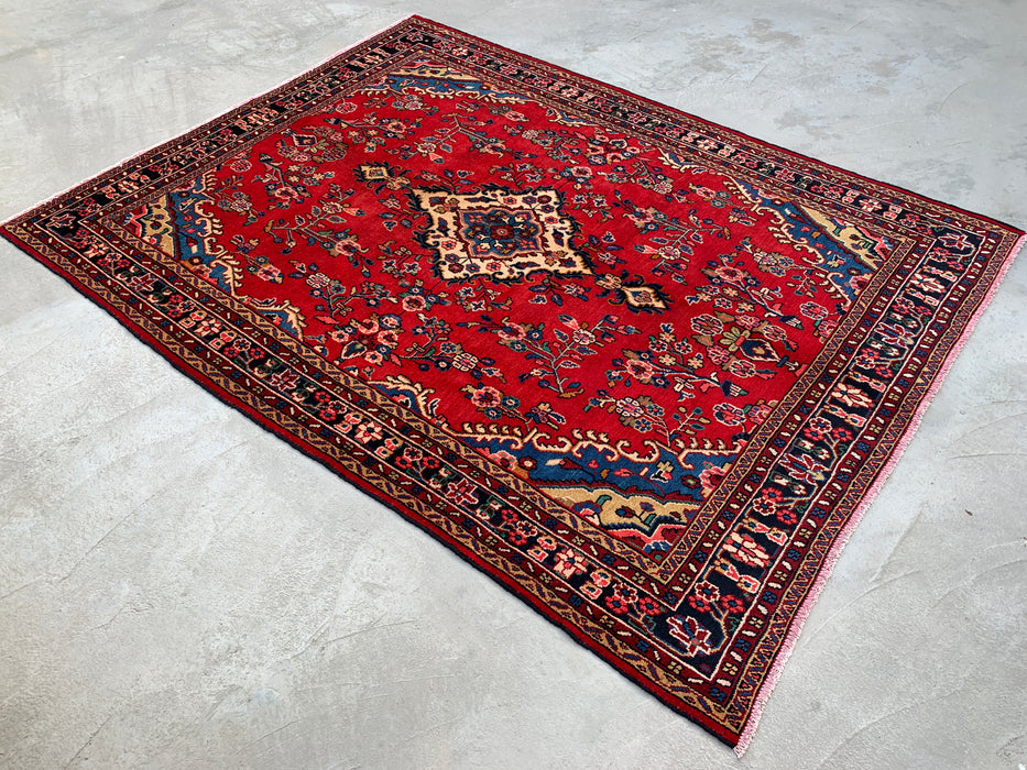 9'7" x 7'3" Hand-Knotted Persian Wool Rug – Red, Blue & Ivory Floral Medallion Design – KBHM-770
