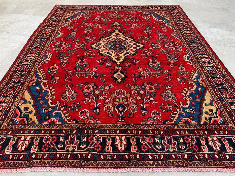 9'7" x 7'3" Hand-Knotted Persian Wool Rug – Red, Blue & Ivory Floral Medallion Design – KBHM-770