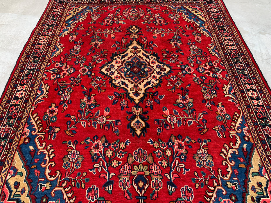 9'7" x 7'3" Hand-Knotted Persian Wool Rug – Red, Blue & Ivory Floral Medallion Design – KBHM-770