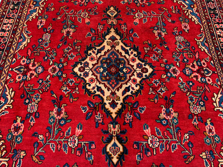 9'7" x 7'3" Hand-Knotted Persian Wool Rug – Red, Blue & Ivory Floral Medallion Design – KBHM-770