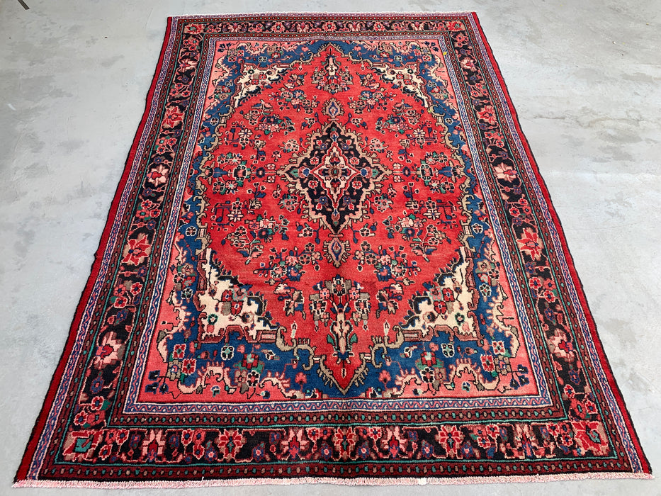 Handmade Persian Wool Area Rug 7x10 - Red, Blue & Ivory Floral Medallion Persian Style Rug - Exact Size 9'9" x 6'11" - KBHM-771