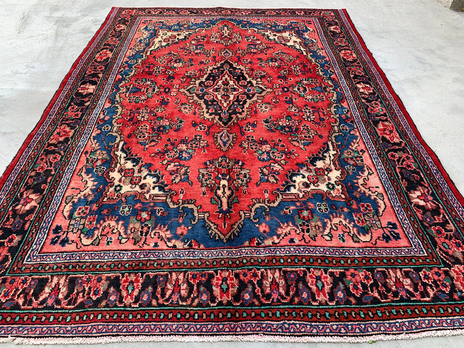 Handmade Persian Wool Area Rug 7x10 - Red, Blue & Ivory Floral Medallion Persian Style Rug - Exact Size 9'9" x 6'11" - KBHM-771