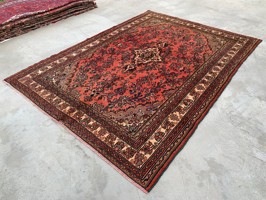 Handmade Persian Wool Area Rug 7x10 - Rose, Taupe & Ivory Vintage Floral Medallion Persian Style Rug - Exact Size 9'6" x 6'11" - KBHM-772