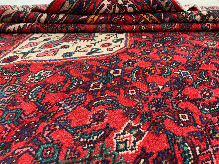 Handmade Persian Wool Area Rug 7x10 - Red, Ivory & Navy Tribal Medallion Persian Style Rug - Exact Size 9'11" x 7'0" - KBHM-773