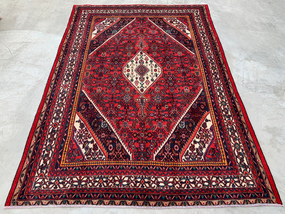 Handmade Persian Wool Area Rug 7x10 - Red, Ivory & Navy Tribal Medallion Persian Style Rug - Exact Size 9'11" x 7'0" - KBHM-773