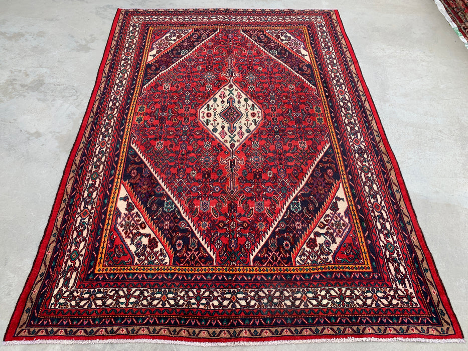 Handmade Persian Wool Area Rug 7x10 - Red, Ivory & Navy Tribal Medallion Persian Style Rug - Exact Size 9'11" x 7'0" - KBHM-773