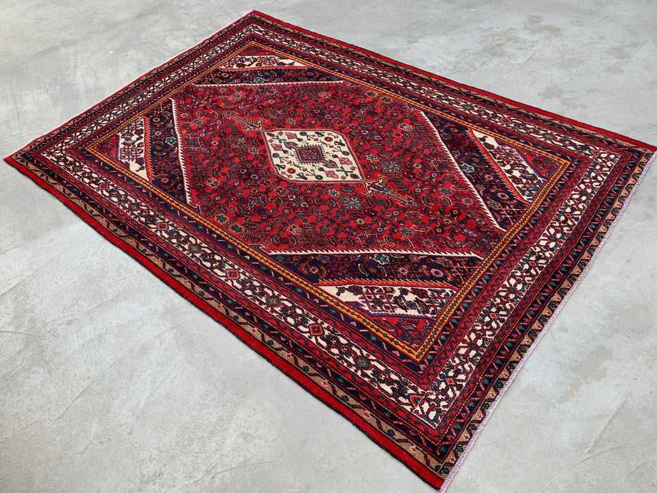 Handmade Persian Wool Area Rug 7x10 - Red, Ivory & Navy Tribal Medallion Persian Style Rug - Exact Size 9'11" x 7'0" - KBHM-773