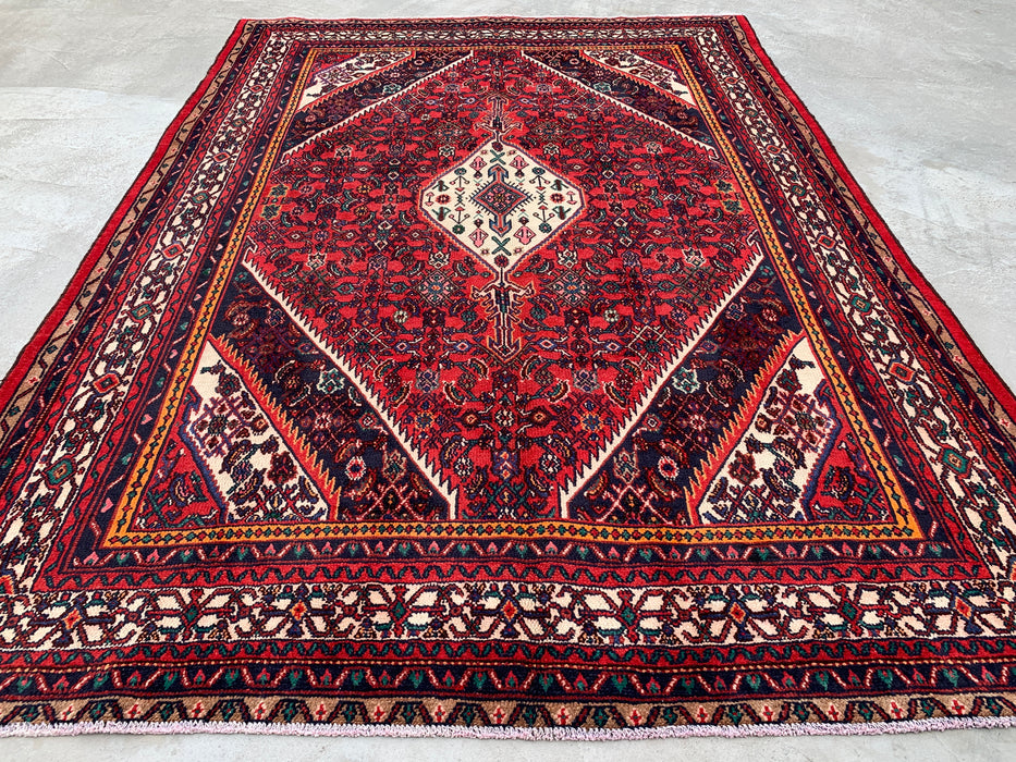 Handmade Persian Wool Area Rug 7x10 - Red, Ivory & Navy Tribal Medallion Persian Style Rug - Exact Size 9'11" x 7'0" - KBHM-773