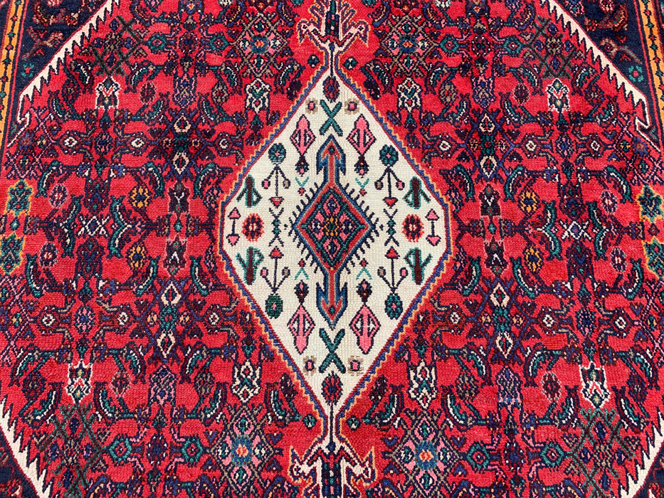 Handmade Persian Wool Area Rug 7x10 - Red, Ivory & Navy Tribal Medallion Persian Style Rug - Exact Size 9'11" x 7'0" - KBHM-773