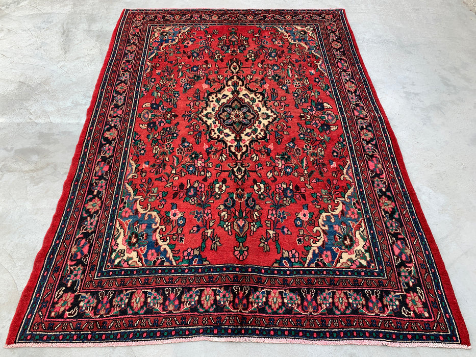 Handmade Persian Wool Area Rug 7x10 - Red, Navy & Ivory Floral Medallion Persian Style Rug - Exact Size 9'10" x 6'11" - KBHM-774