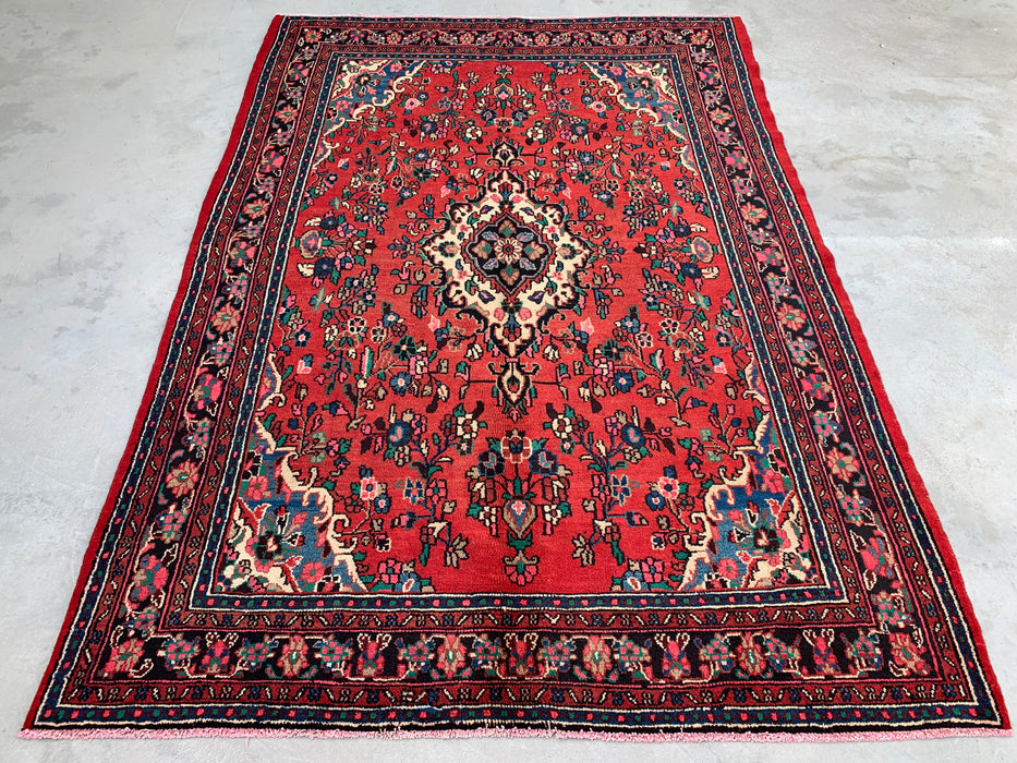 Handmade Persian Wool Area Rug 7x10 - Red, Navy & Ivory Floral Medallion Persian Style Rug - Exact Size 9'10" x 6'11" - KBHM-774
