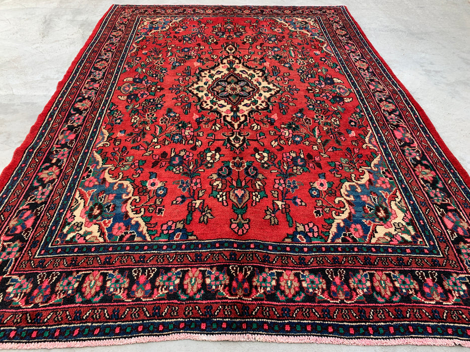 Handmade Persian Wool Area Rug 7x10 - Red, Navy & Ivory Floral Medallion Persian Style Rug - Exact Size 9'10" x 6'11" - KBHM-774