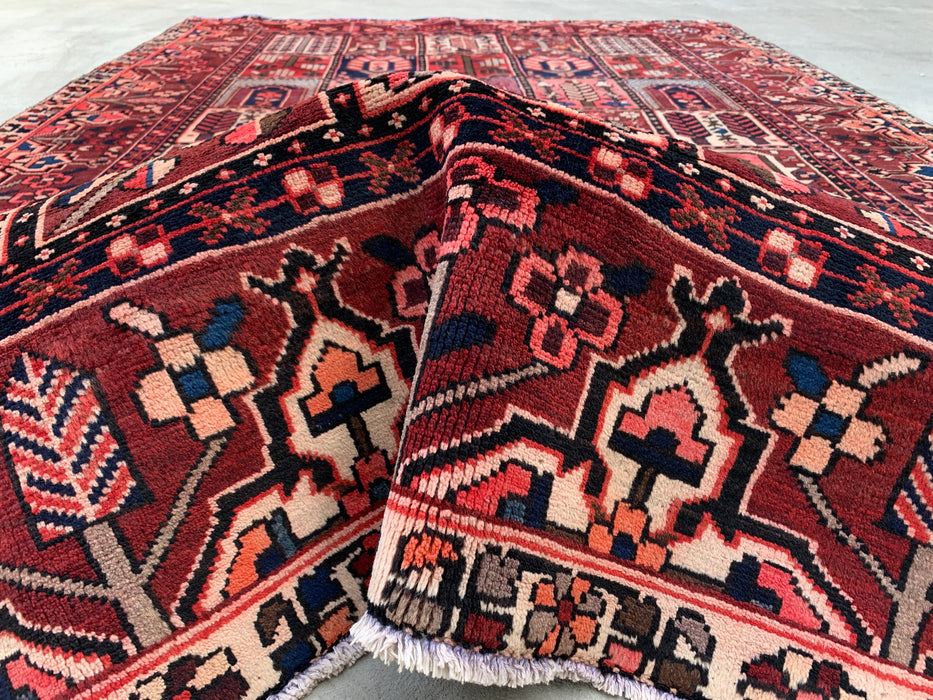 9'6" x 6'7" Hand-Knotted Persian Wool Rug – Red, Navy & Ivory Geometric Panel Design – KBHM-775
