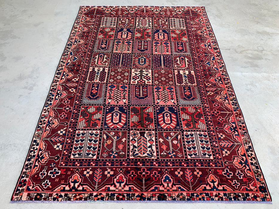9'6" x 6'7" Hand-Knotted Persian Wool Rug – Red, Navy & Ivory Geometric Panel Design – KBHM-775
