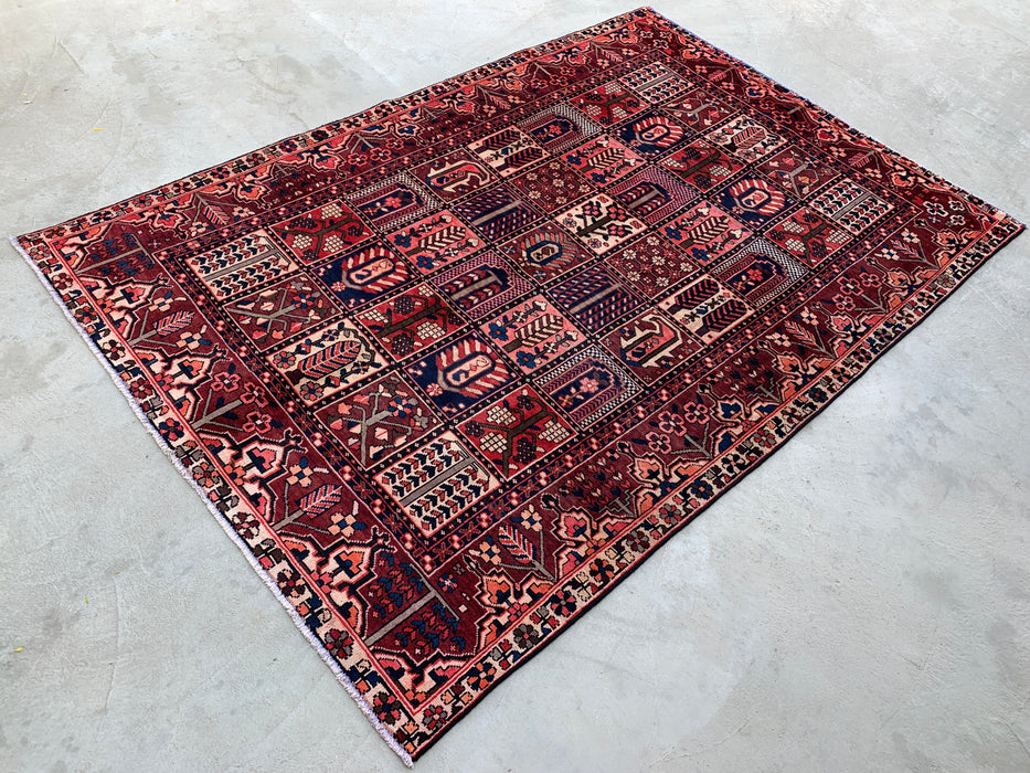 9'6" x 6'7" Hand-Knotted Persian Wool Rug – Red, Navy & Ivory Geometric Panel Design – KBHM-775