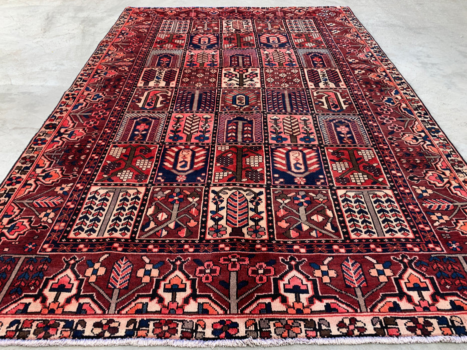 9'6" x 6'7" Hand-Knotted Persian Wool Rug – Red, Navy & Ivory Geometric Panel Design – KBHM-775