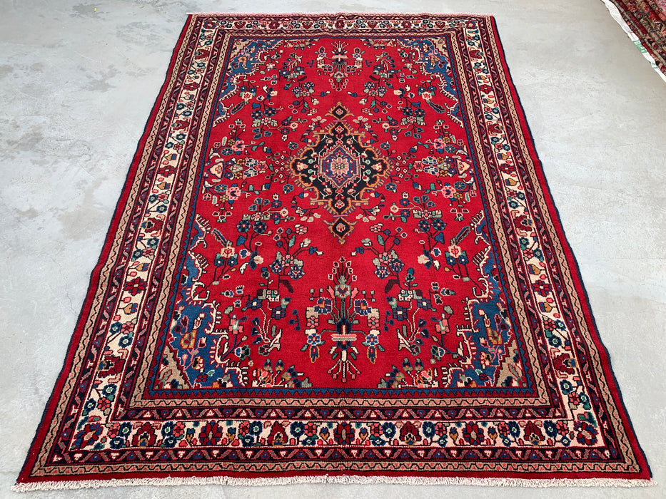 Handmade Persian Wool Area Rug 7x10 - Red, Blue & Ivory Floral Medallion Persian Style Rug - Exact Size 9'11" x 6'9" - KBHM-776