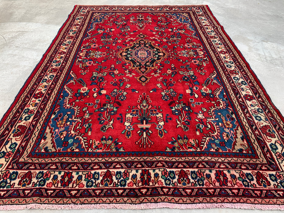 Handmade Persian Wool Area Rug 7x10 - Red, Blue & Ivory Floral Medallion Persian Style Rug - Exact Size 9'11" x 6'9" - KBHM-776