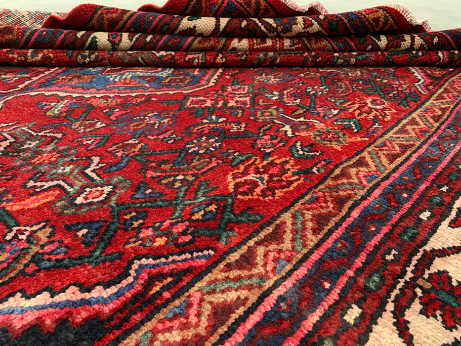 Handmade Persian Wool Area Rug 7x10 - Red, Ivory & Blue Tribal Medallion Persian Style Rug - Exact Size 9'11" x 6'10" - KBHM-777