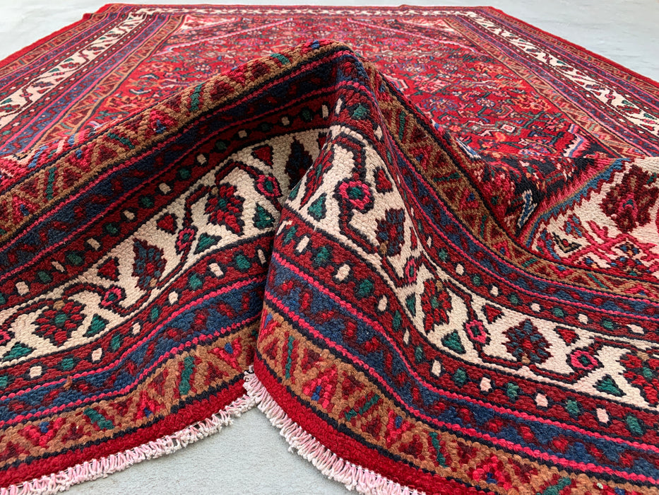 Handmade Persian Wool Area Rug 7x10 - Red, Ivory & Blue Tribal Medallion Persian Style Rug - Exact Size 9'11" x 6'10" - KBHM-777
