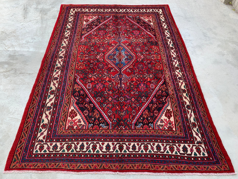 Handmade Persian Wool Area Rug 7x10 - Red, Ivory & Blue Tribal Medallion Persian Style Rug - Exact Size 9'11" x 6'10" - KBHM-777