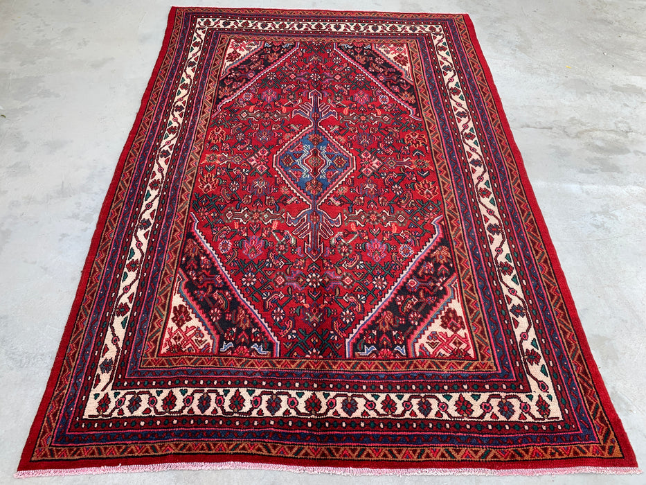 Handmade Persian Wool Area Rug 7x10 - Red, Ivory & Blue Tribal Medallion Persian Style Rug - Exact Size 9'11" x 6'10" - KBHM-777