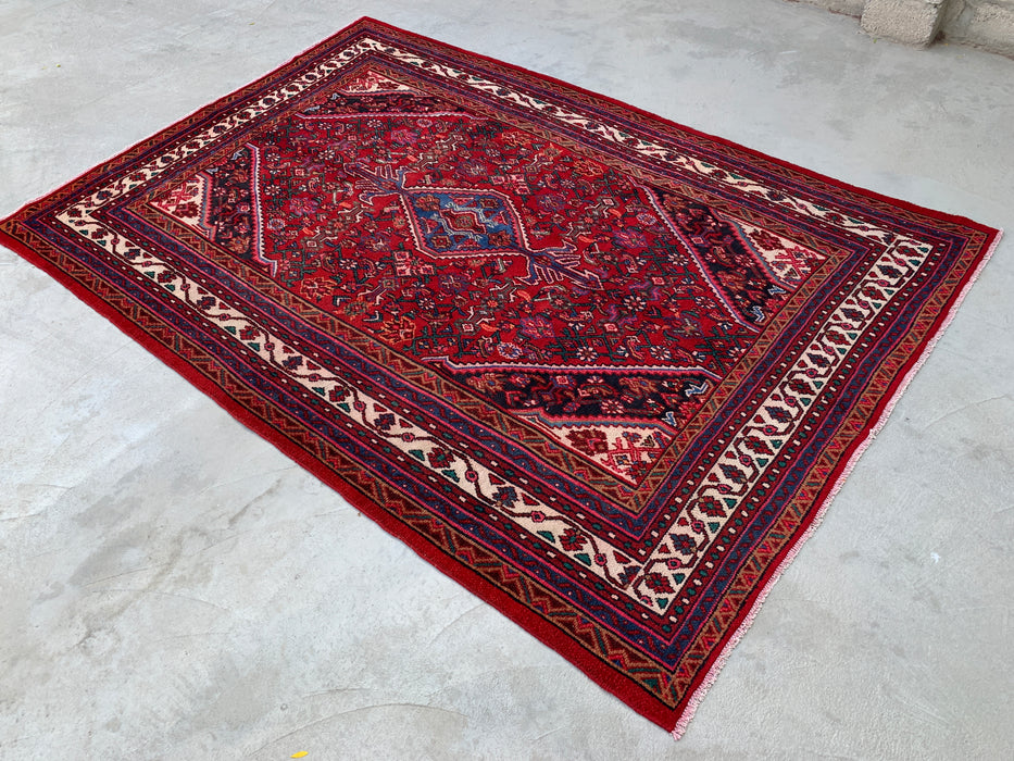 Handmade Persian Wool Area Rug 7x10 - Red, Ivory & Blue Tribal Medallion Persian Style Rug - Exact Size 9'11" x 6'10" - KBHM-777