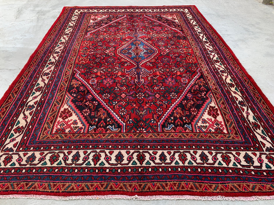 Handmade Persian Wool Area Rug 7x10 - Red, Ivory & Blue Tribal Medallion Persian Style Rug - Exact Size 9'11" x 6'10" - KBHM-777