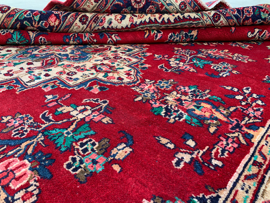 11'6" x 8'1" Hand-Knotted Persian Wool Rug – Red, Navy & Ivory Floral Medallion Design – KBHM-778