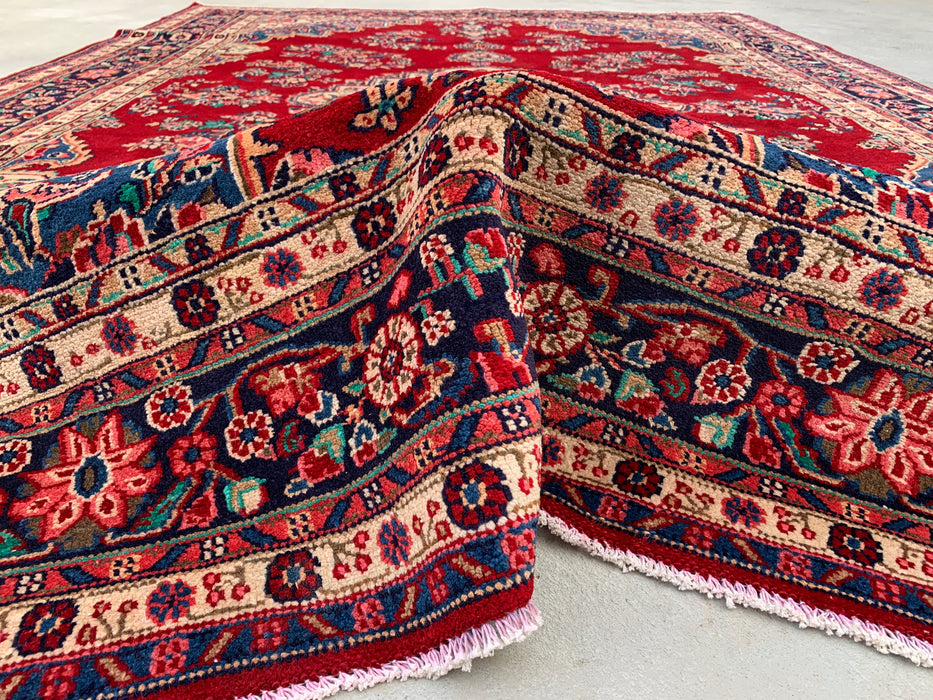 11'6" x 8'1" Hand-Knotted Persian Wool Rug – Red, Navy & Ivory Floral Medallion Design – KBHM-778