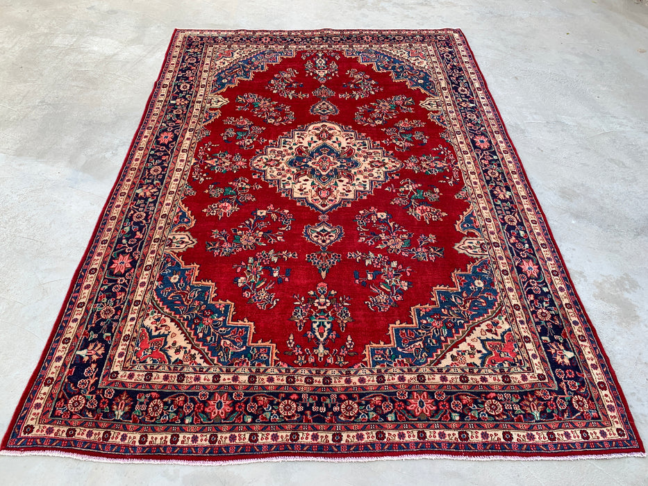 11'6" x 8'1" Hand-Knotted Persian Wool Rug – Red, Navy & Ivory Floral Medallion Design – KBHM-778