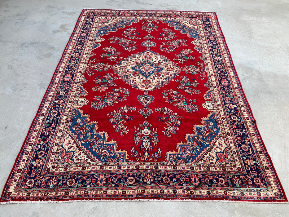 11'6" x 8'1" Hand-Knotted Persian Wool Rug – Red, Navy & Ivory Floral Medallion Design – KBHM-778