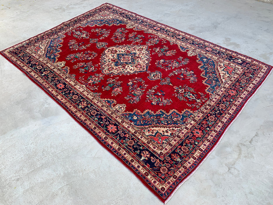 11'6" x 8'1" Hand-Knotted Persian Wool Rug – Red, Navy & Ivory Floral Medallion Design – KBHM-778