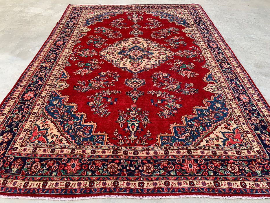 11'6" x 8'1" Hand-Knotted Persian Wool Rug – Red, Navy & Ivory Floral Medallion Design – KBHM-778