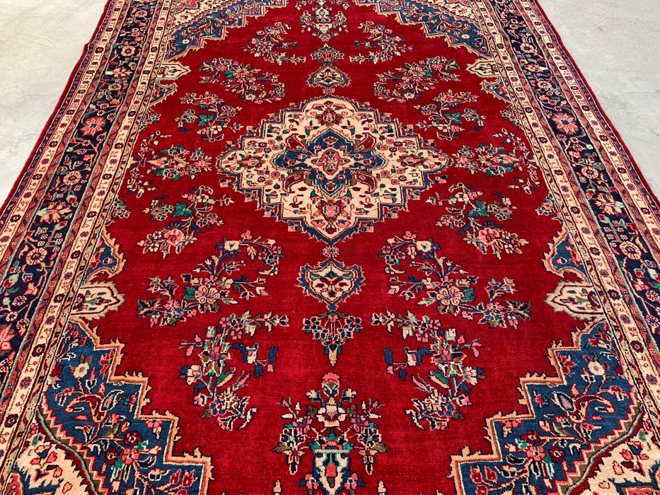 11'6" x 8'1" Hand-Knotted Persian Wool Rug – Red, Navy & Ivory Floral Medallion Design – KBHM-778