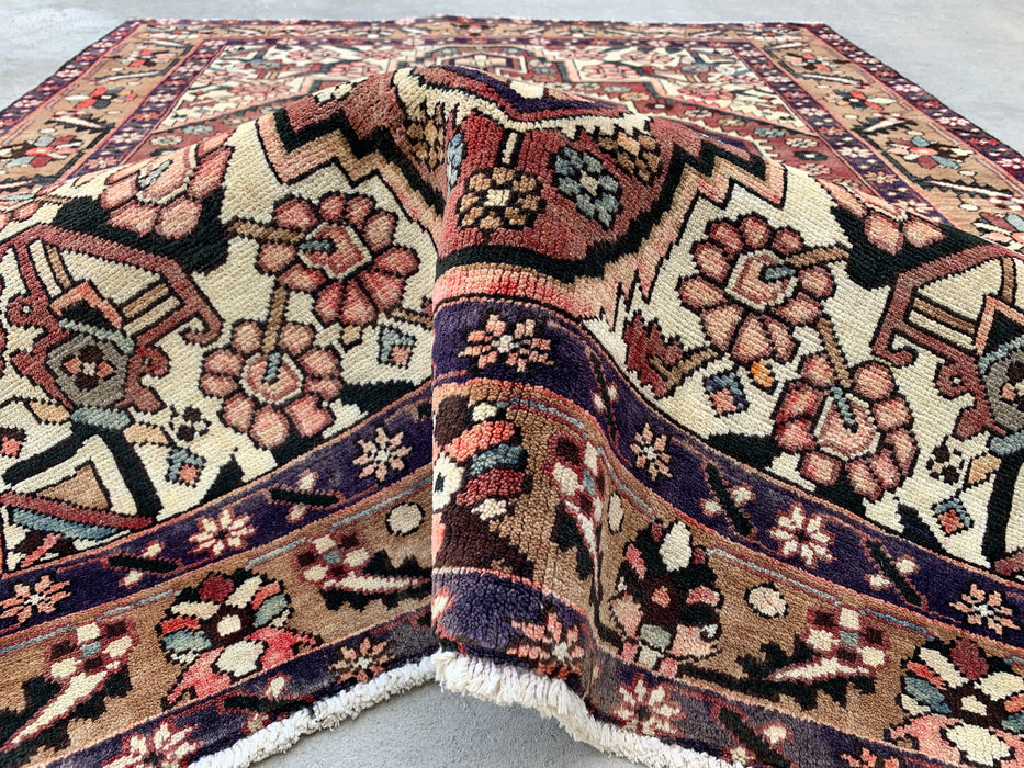 5'11" x 4'10" Hand-Knotted Persian Wool Rug – Ivory, Taupe & Plum Tribal Medallion Design – KBHM-779