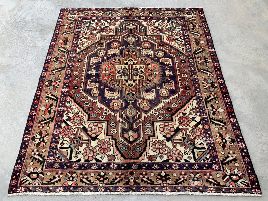 5'11" x 4'10" Hand-Knotted Persian Wool Rug – Ivory, Taupe & Plum Tribal Medallion Design – KBHM-779