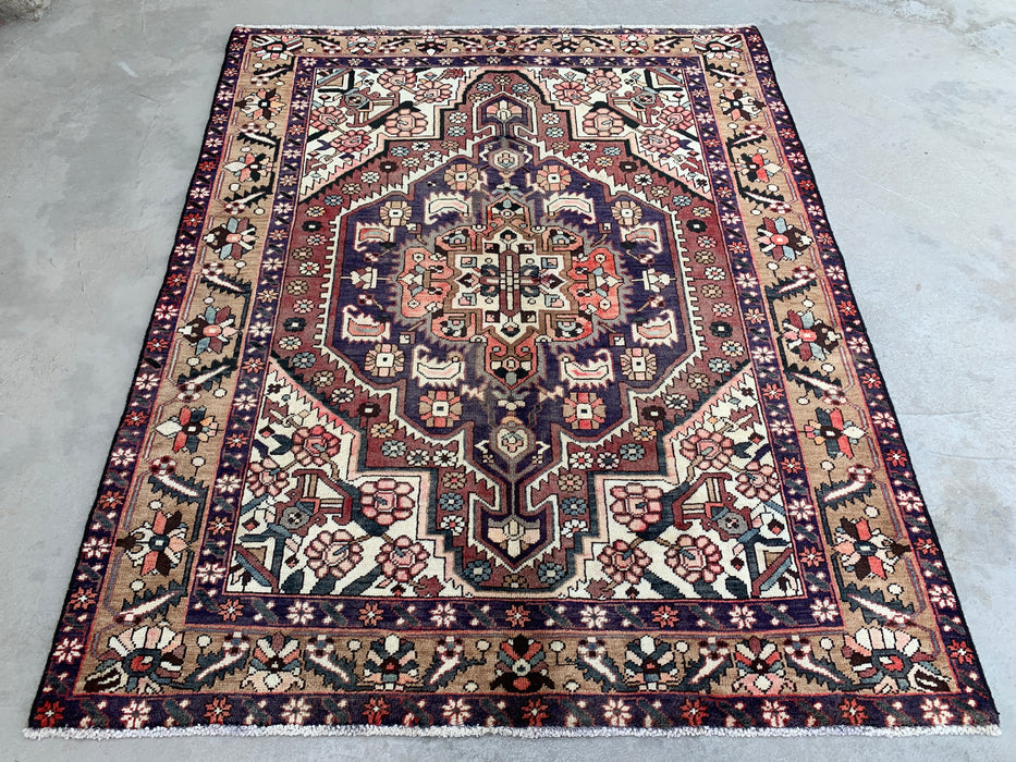5'11" x 4'10" Hand-Knotted Persian Wool Rug – Ivory, Taupe & Plum Tribal Medallion Design – KBHM-779
