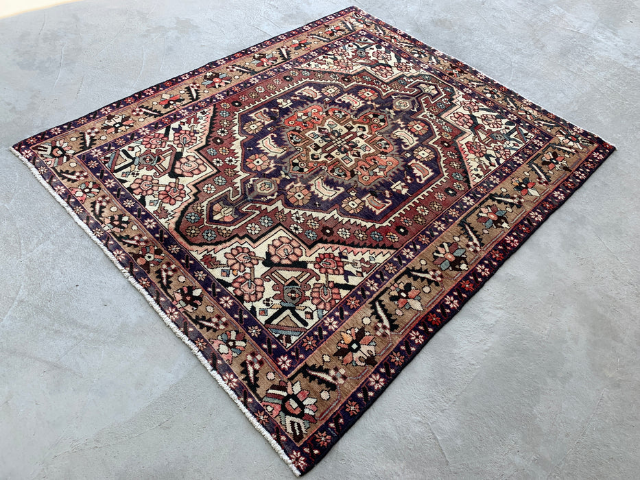 5'11" x 4'10" Hand-Knotted Persian Wool Rug – Ivory, Taupe & Plum Tribal Medallion Design – KBHM-779