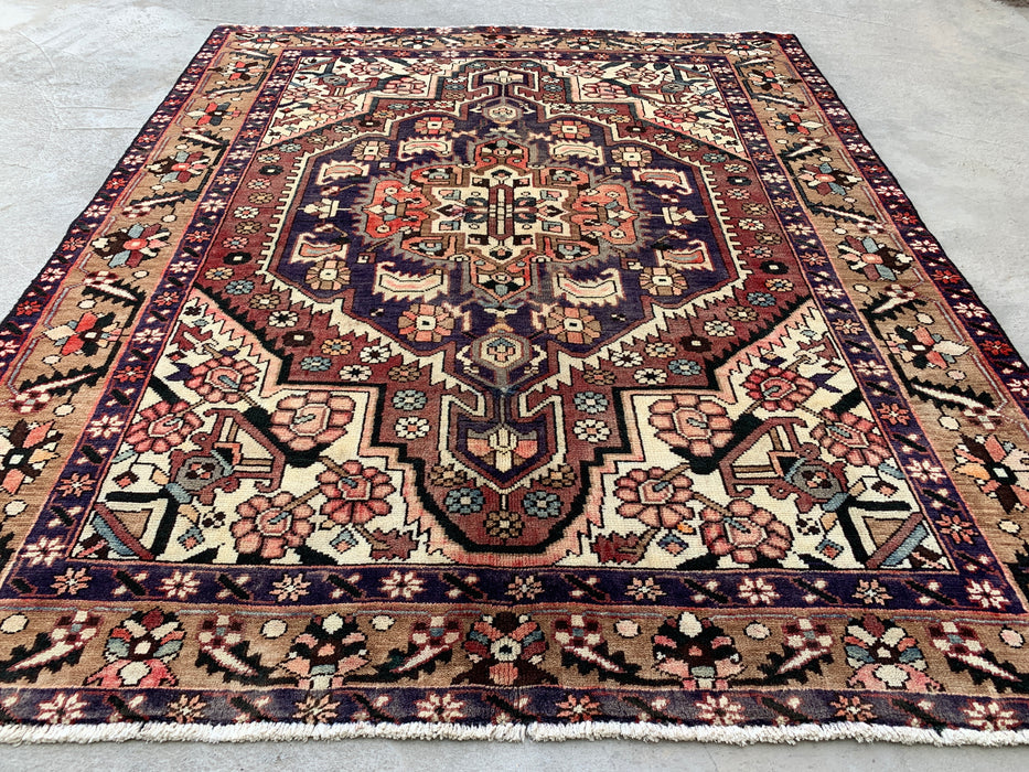 5'11" x 4'10" Hand-Knotted Persian Wool Rug – Ivory, Taupe & Plum Tribal Medallion Design – KBHM-779