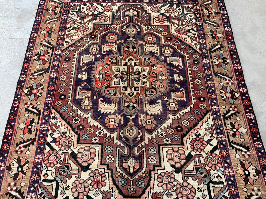 5'11" x 4'10" Hand-Knotted Persian Wool Rug – Ivory, Taupe & Plum Tribal Medallion Design – KBHM-779