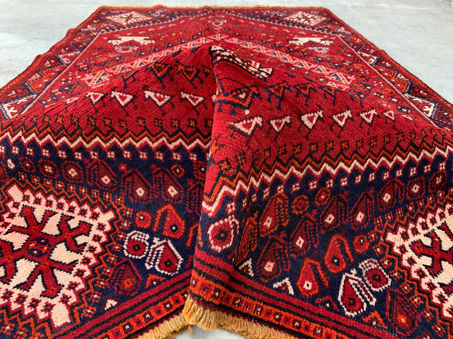 7'2" x 4'4" Hand-Knotted Persian Wool Rug – Red, Navy & Ivory Tribal Geometric Design – KBHM-786