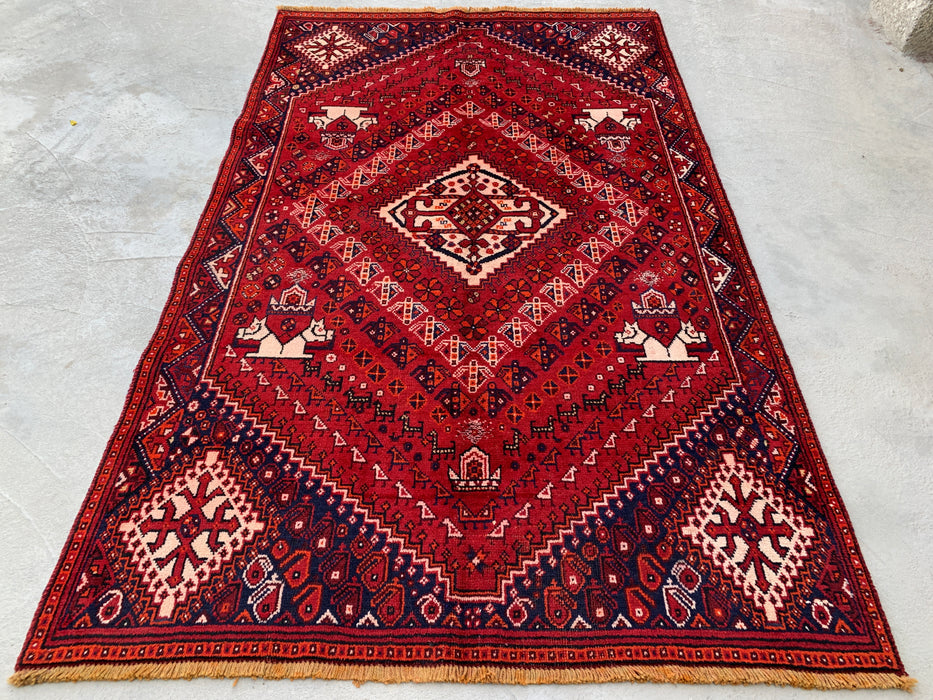 7'2" x 4'4" Hand-Knotted Persian Wool Rug – Red, Navy & Ivory Tribal Geometric Design – KBHM-786